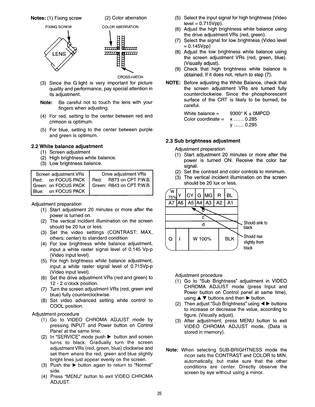 Hitachi 50SBX78B, 60SBX78B service manual White balance adjustment, Sub brightness adjustment 