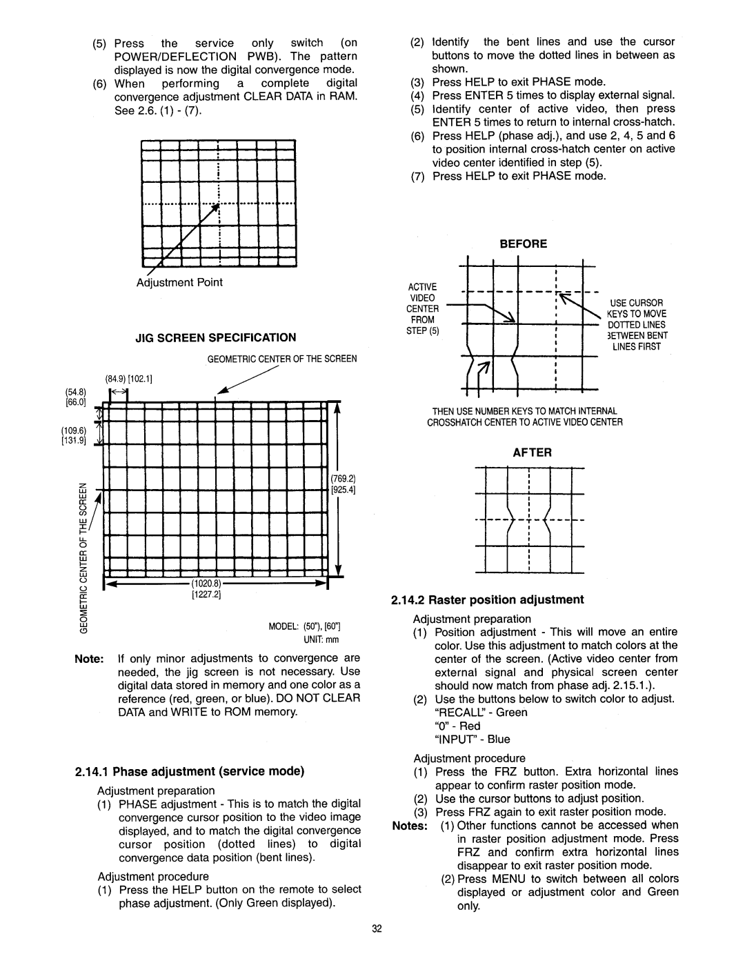 Hitachi 50SBX78B, 60SBX78B service manual JIG Screen Specification, Before, After 