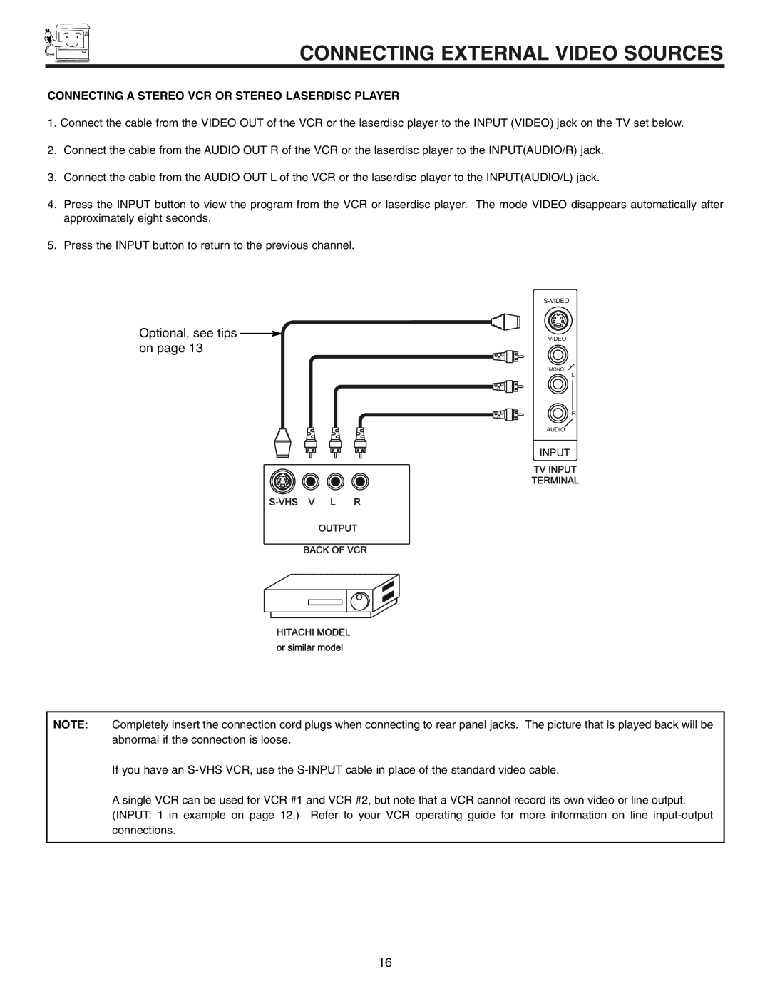 Hitachi 50UX57B 60UX57B manual Optional, see tips on, Connecting a Stereo VCR or Stereo Laserdisc Player 