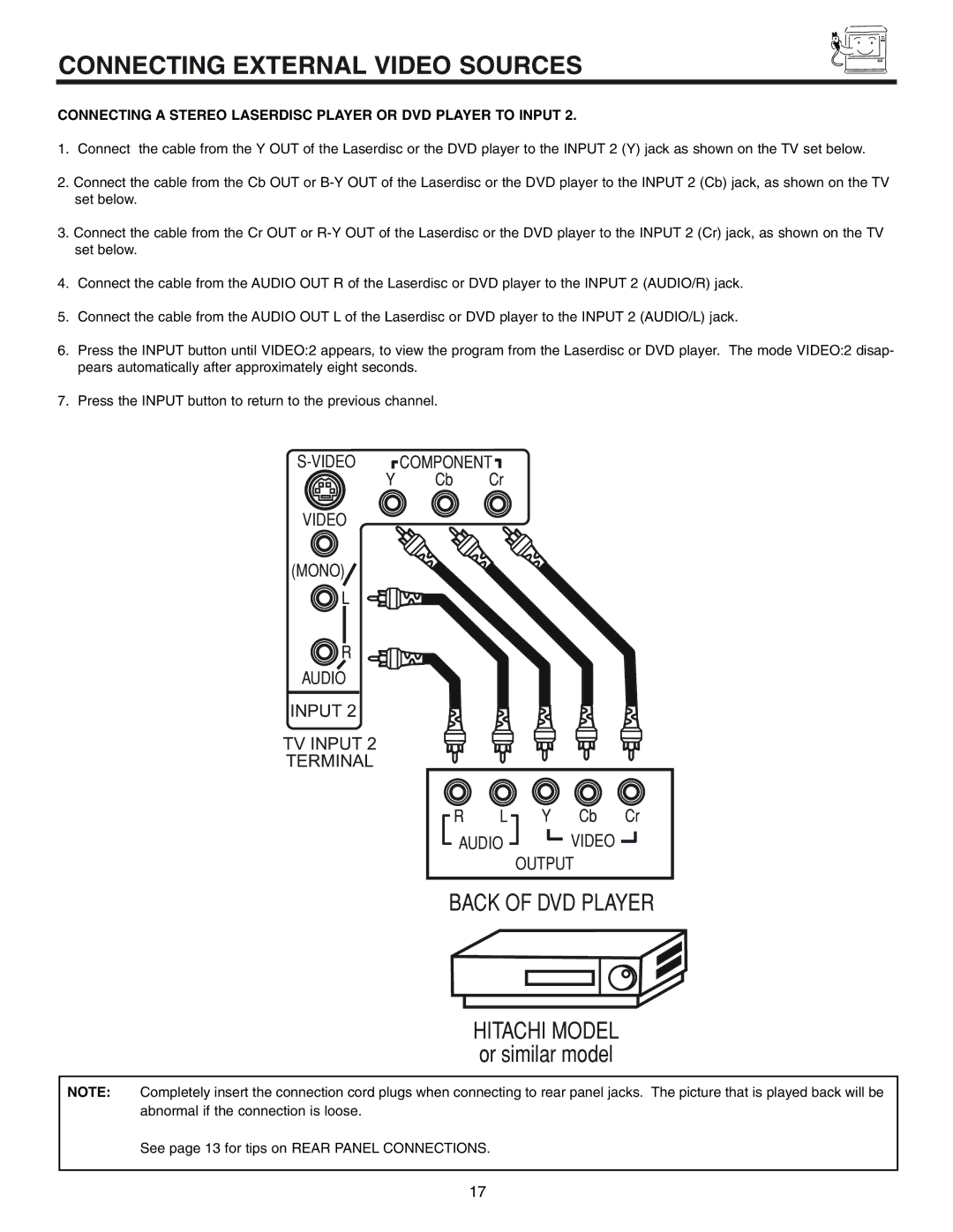 Hitachi 50UX57B 60UX57B manual Connecting a Stereo Laserdisc Player or DVD Player to Input 