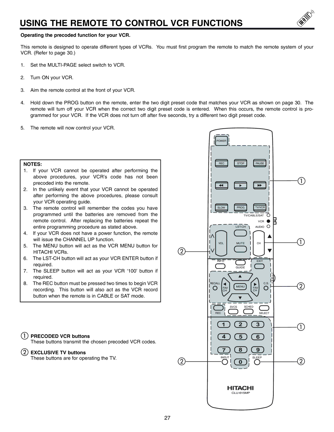 Hitachi 50UX57B 60UX57B manual Using the Remote to Control VCR Functions, Operating the precoded function for your VCR 