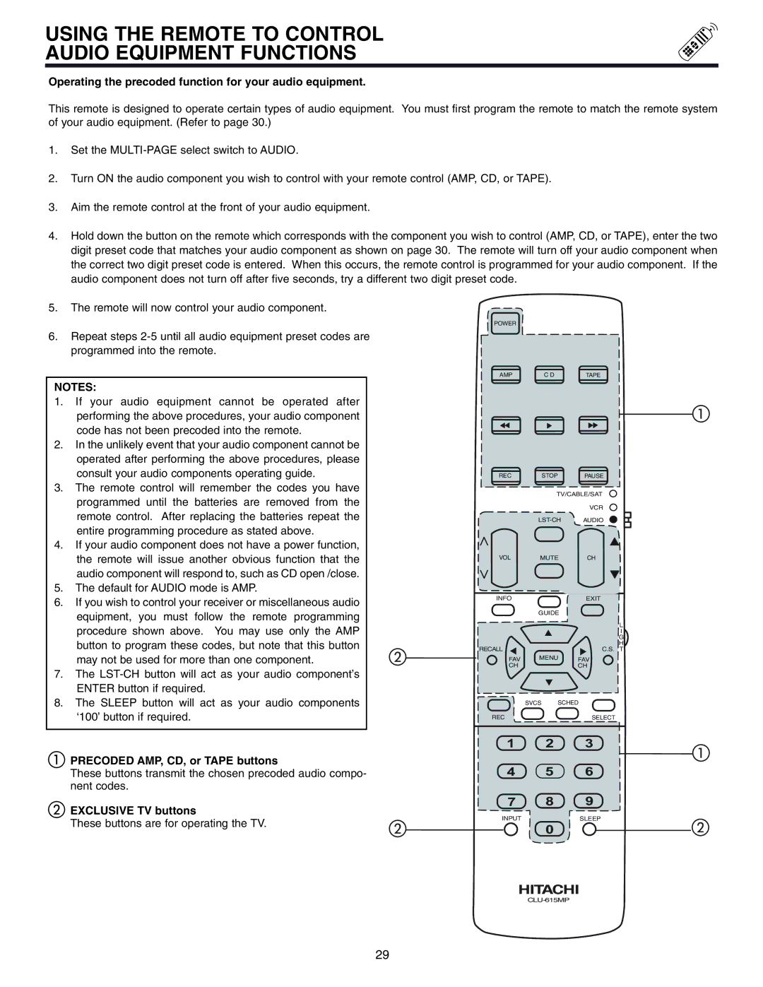 Hitachi 50UX57B 60UX57B manual Using the Remote to Control Audio Equipment Functions, Precoded AMP, CD, or Tape buttons 