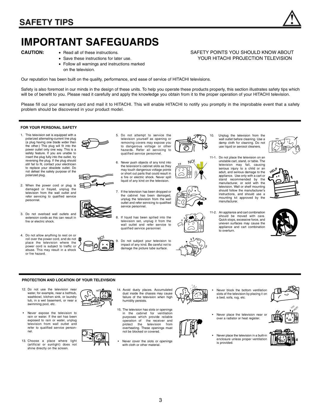 Hitachi 50UX57B 60UX57B manual Important Safeguards, Safety Tips 