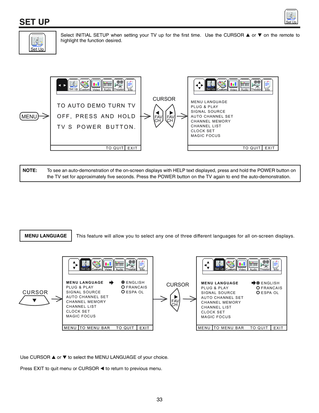 Hitachi 50UX57B 60UX57B manual Set Up, Menu Language 