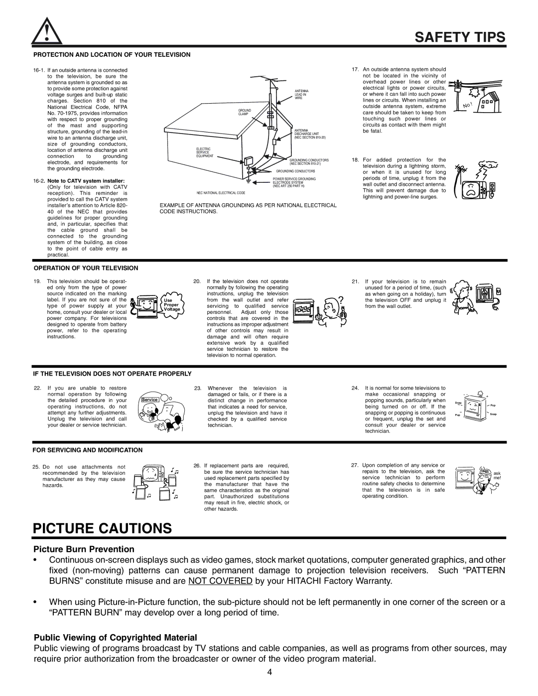 Hitachi 50UX57B 60UX57B manual Picture Cautions, Operation of Your Television 