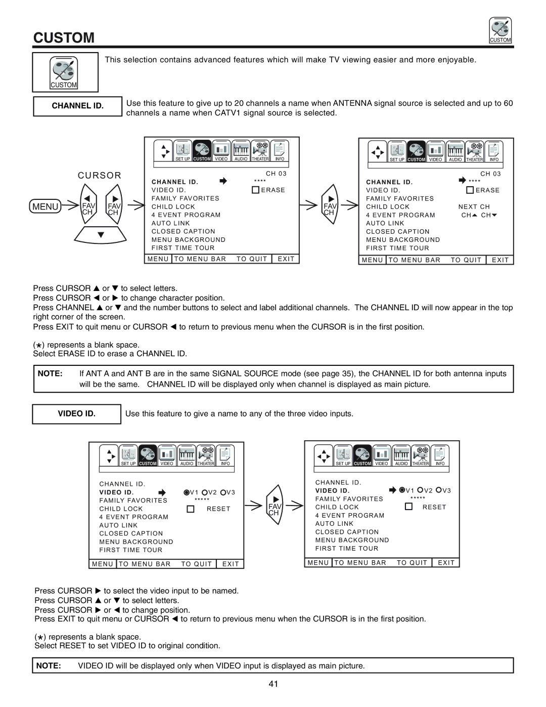 Hitachi 50UX57B 60UX57B manual Custom, Channel ID, Video ID 