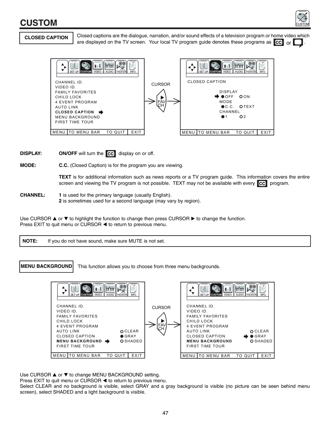 Hitachi 50UX57B 60UX57B manual Closed Caption, Display, Mode, Channel, Menu Background 