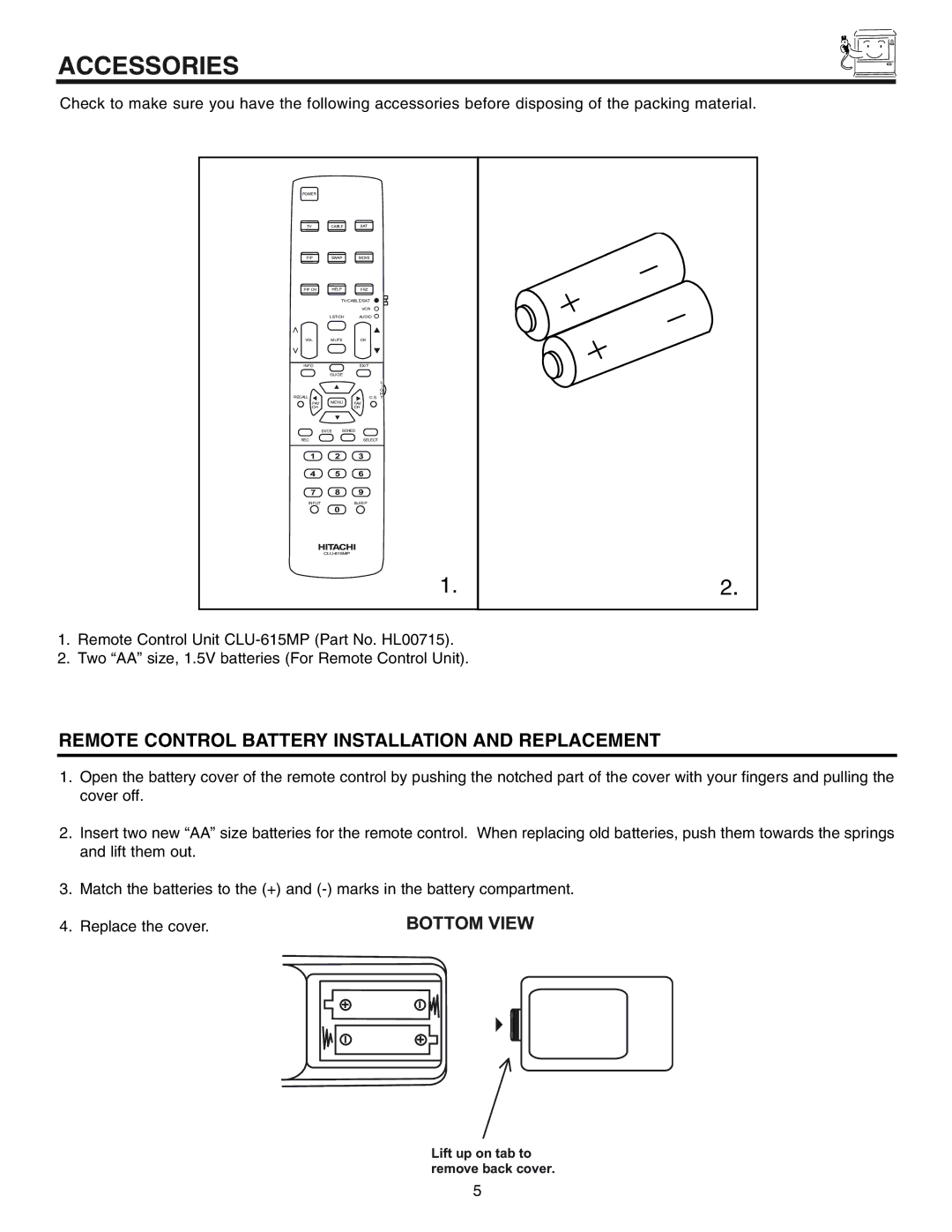 Hitachi 50UX57B 60UX57B manual Accessories, Remote Control Battery Installation and Replacement 