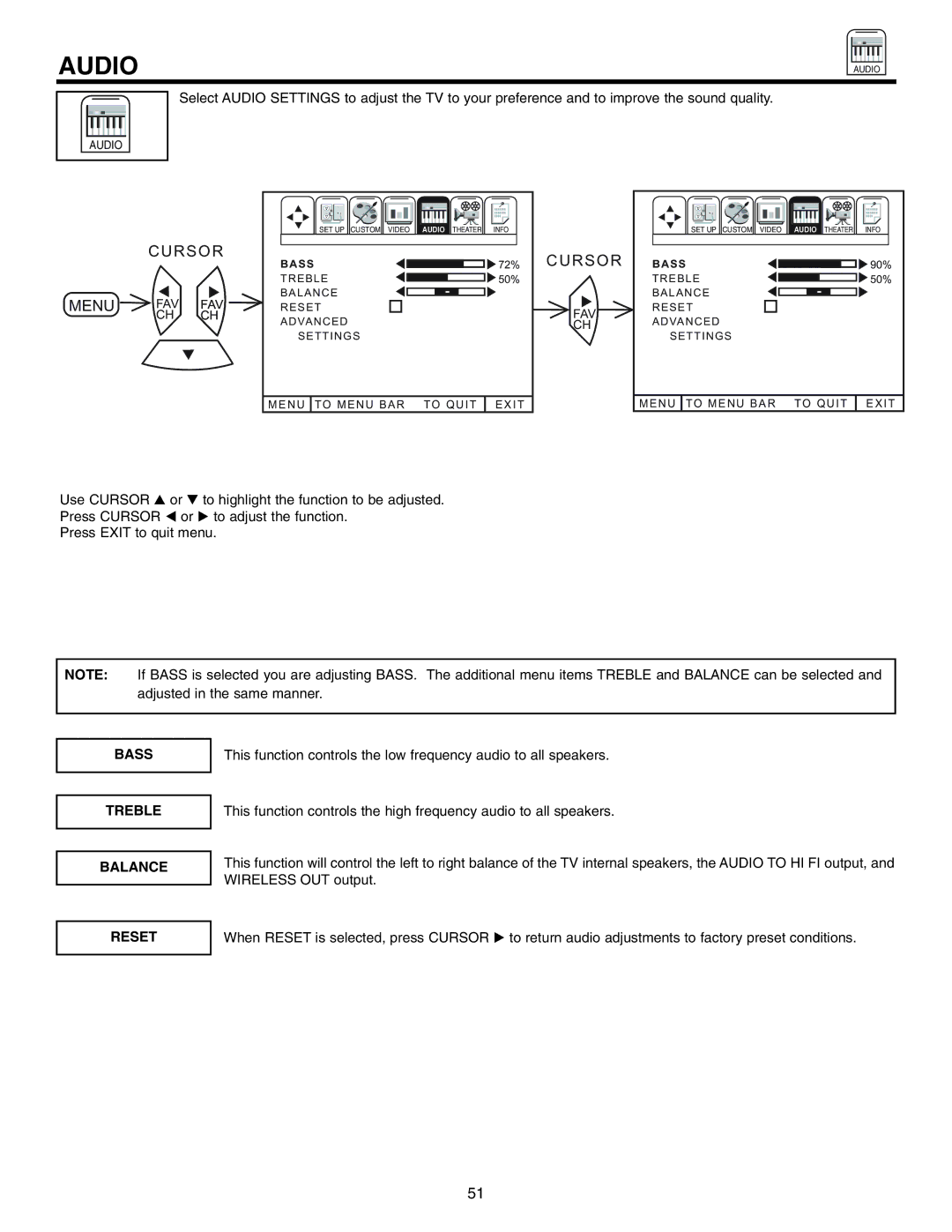 Hitachi 50UX57B 60UX57B manual Audio, Bass Treble Balance 