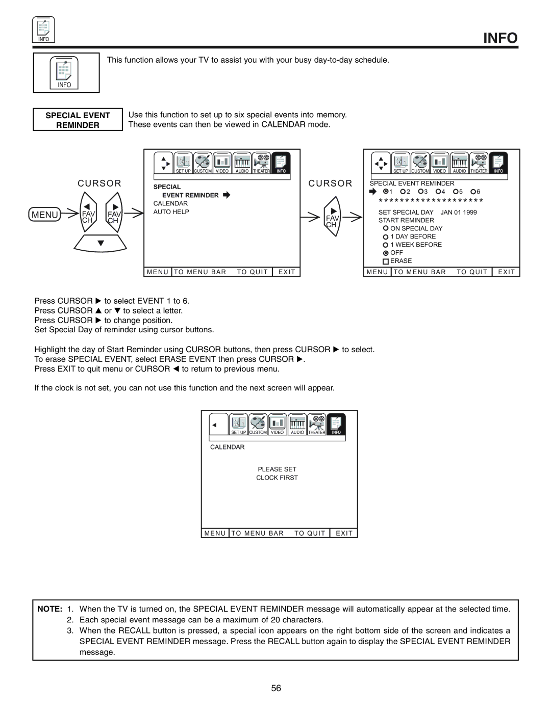 Hitachi 50UX57B 60UX57B manual Info, Special Event Reminder 