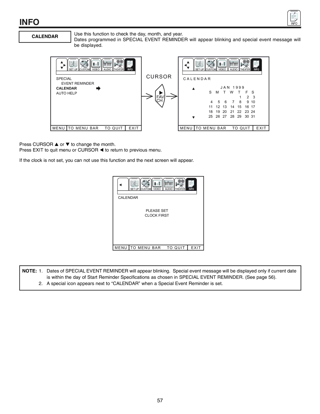 Hitachi 50UX57B 60UX57B manual Calendar 