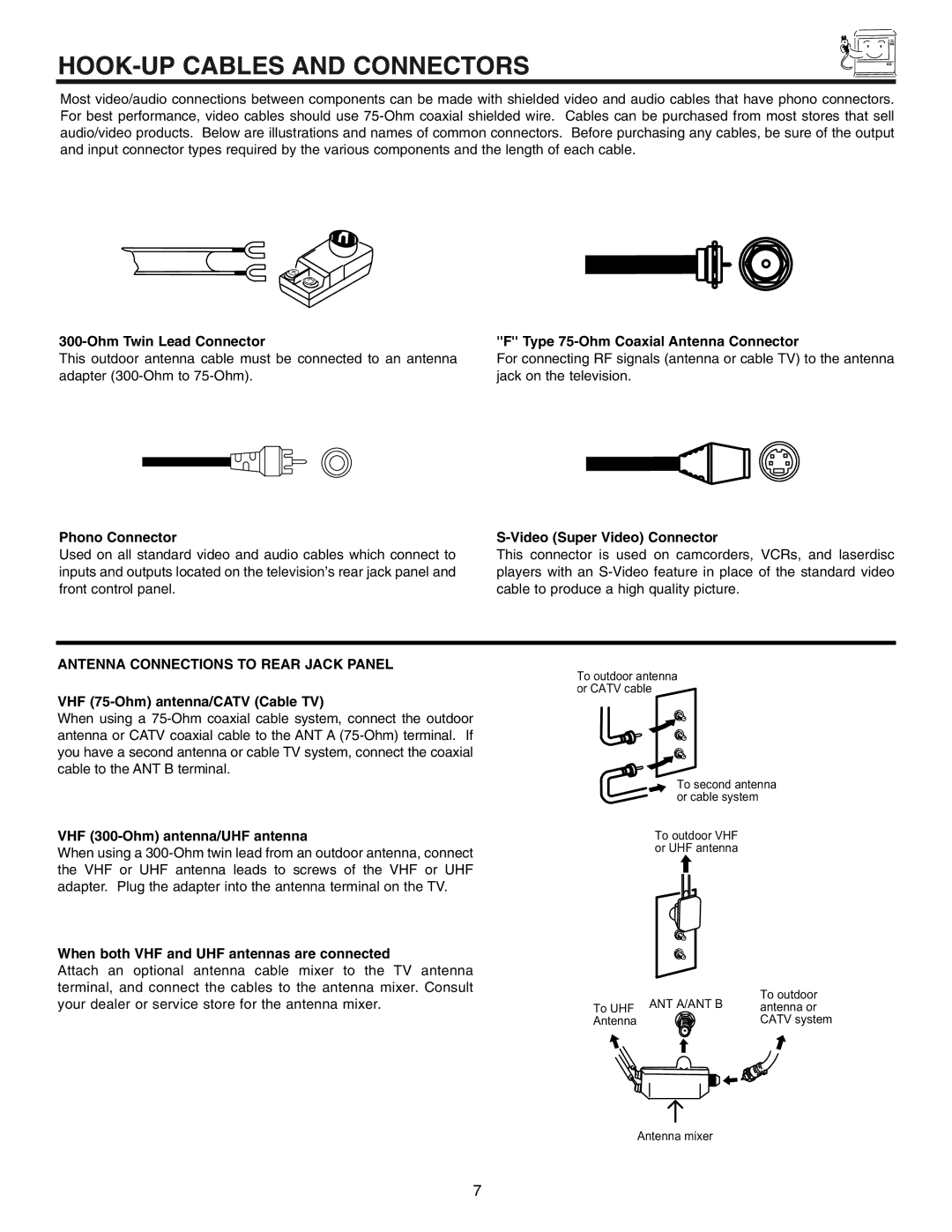 Hitachi 50UX57B 60UX57B manual HOOK-UP Cables and Connectors, Antenna Connections to Rear Jack Panel 