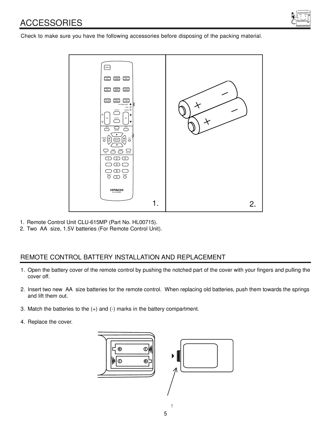 Hitachi 60UX57B, 50UX57B manual Accessories, Remote Control Battery Installation and Replacement 