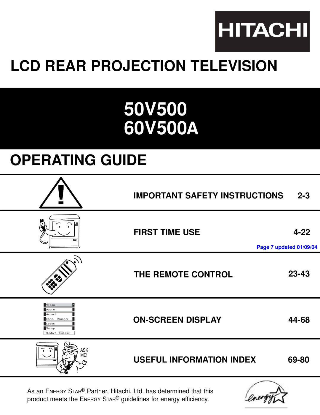 Hitachi 60v500, 50V500 important safety instructions Important Safety Instructions, First Time USE, Remote Control 