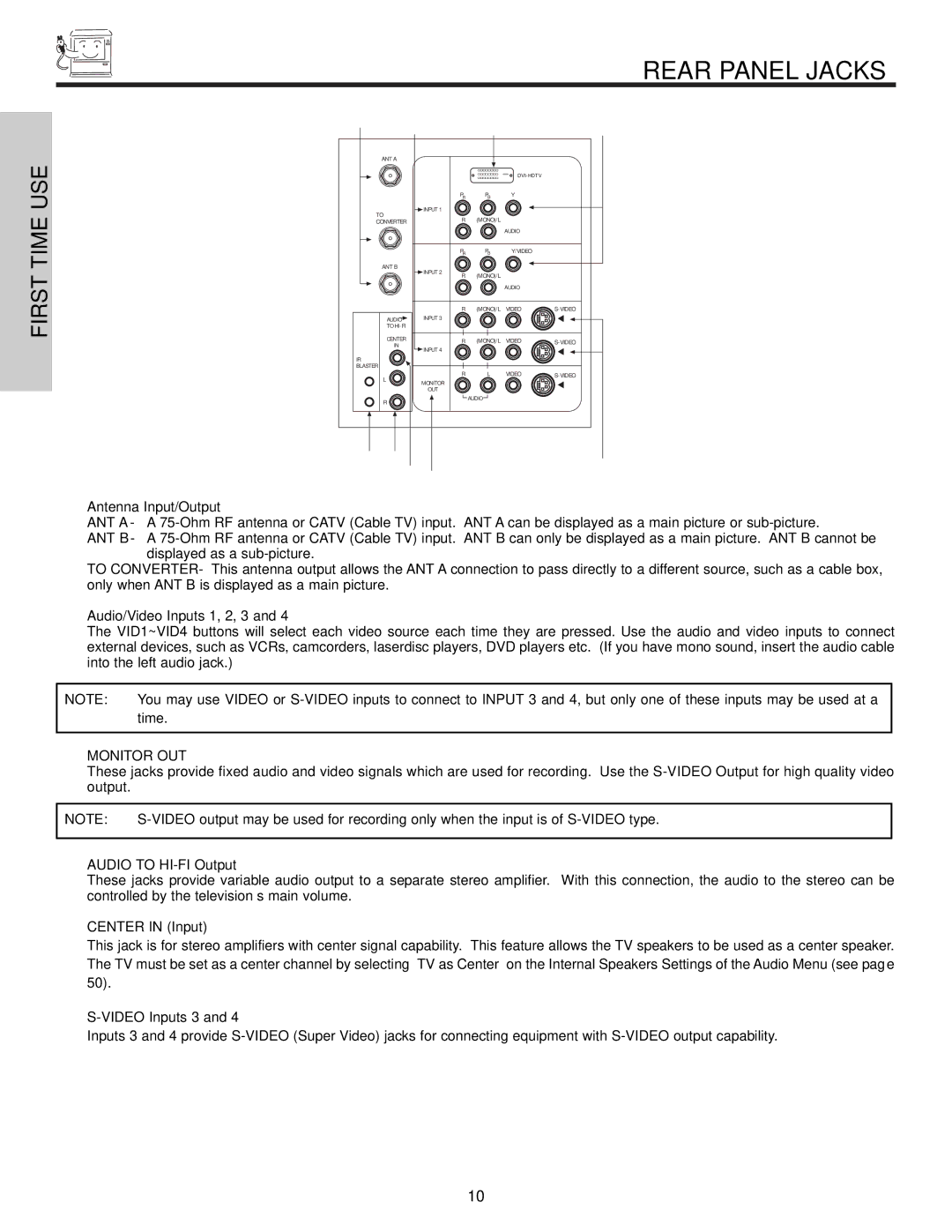 Hitachi 50V500, 60v500 important safety instructions Rear Panel Jacks, Monitor OUT 