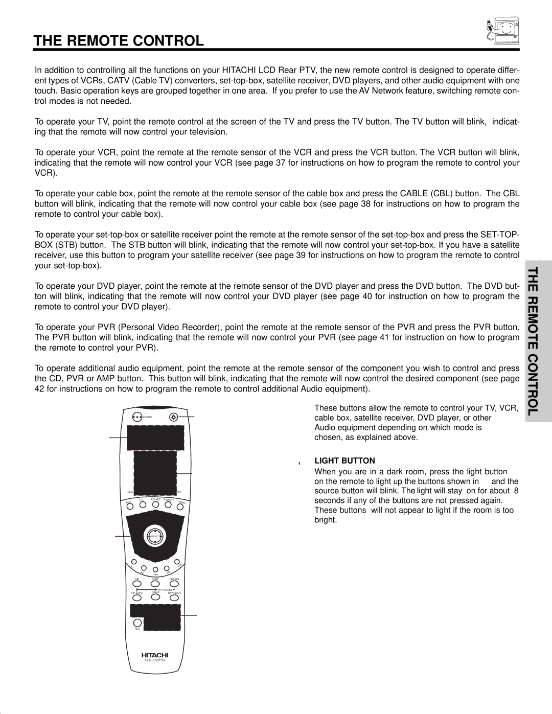 Hitachi 60v500, 50V500 important safety instructions Remote Control, Light Button 