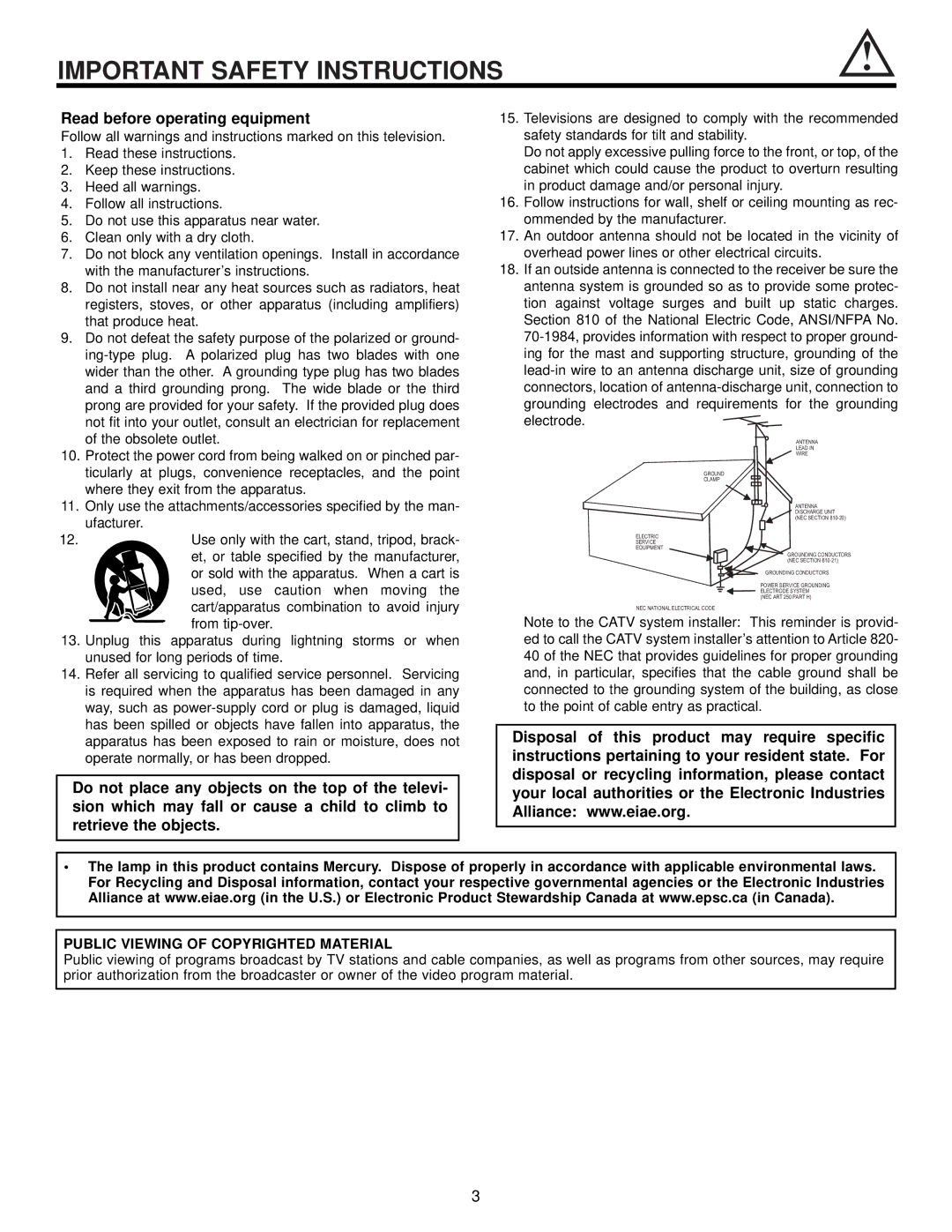 Hitachi 60v500, 50V500 important safety instructions Read before operating equipment, Public Viewing of Copyrighted Material 