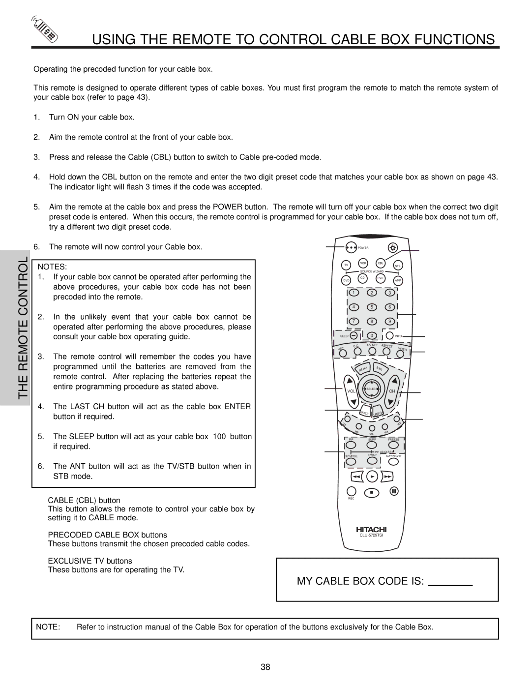 Hitachi 50V500, 60v500 Using the Remote to Control Cable BOX Functions, Operating the precoded function for your cable box 