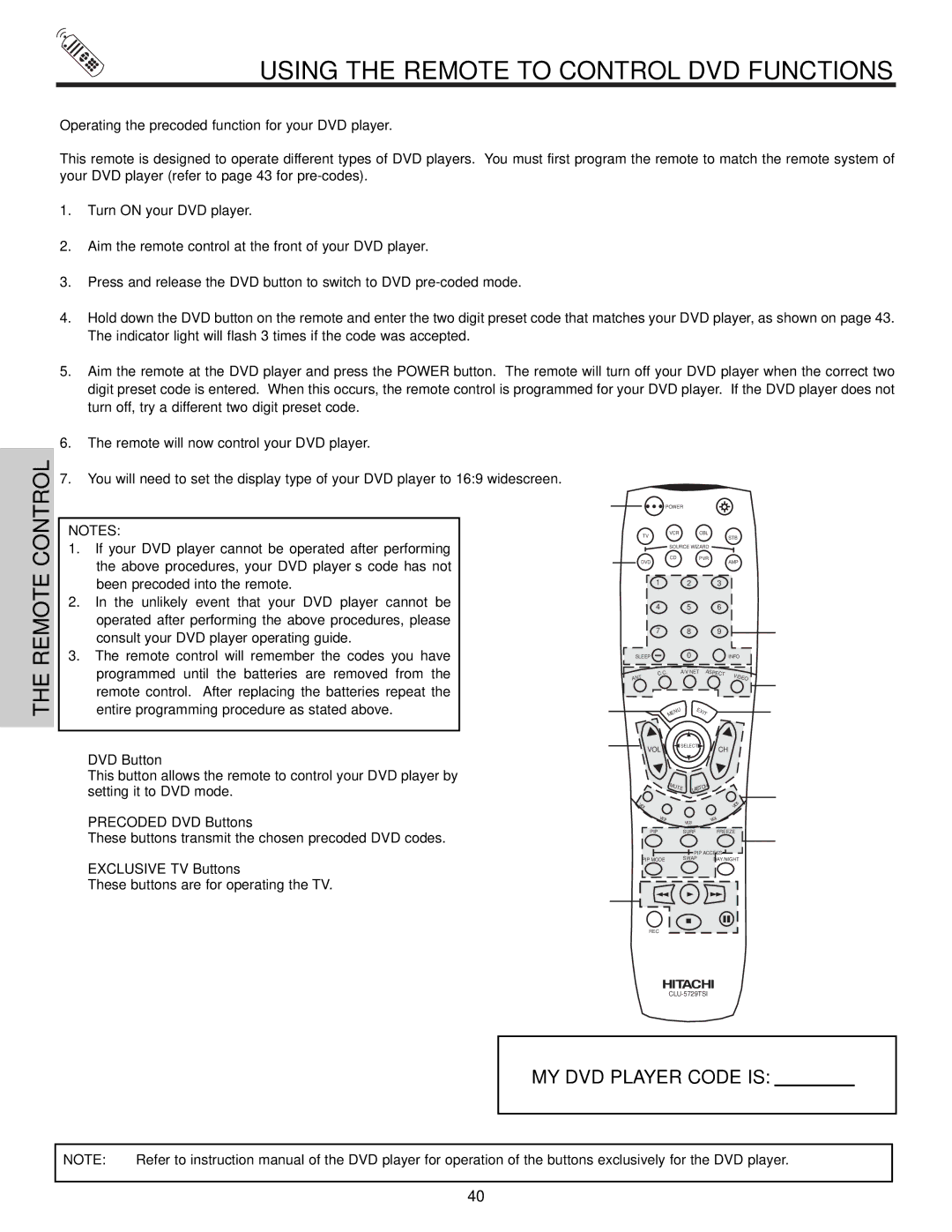 Hitachi 50V500, 60v500 Using the Remote to Control DVD Functions, Operating the precoded function for your DVD player 