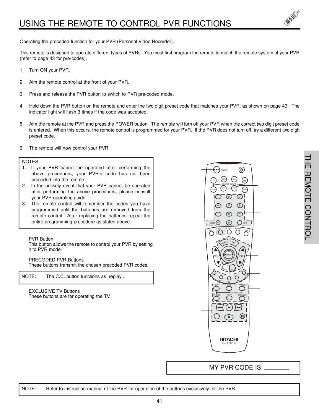 Hitachi 60v500, 50V500 important safety instructions Using the Remote to Control PVR Functions, Precoded PVR Buttons 