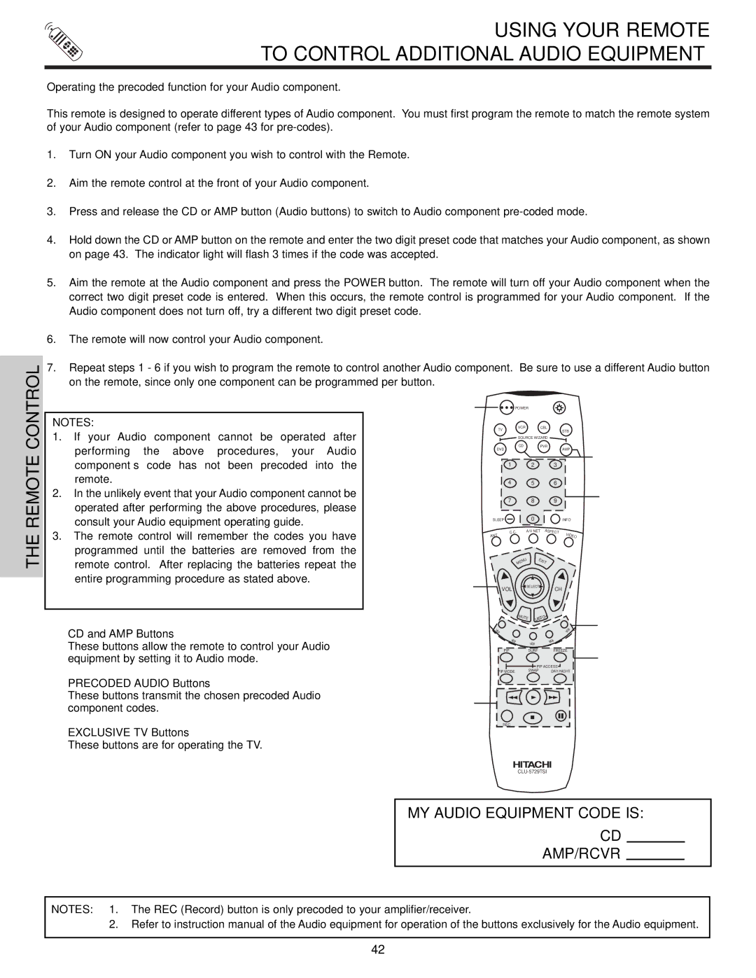 Hitachi 50V500, 60v500 Using Your Remote To Control Additional Audio Equipment, Precoded Audio Buttons 