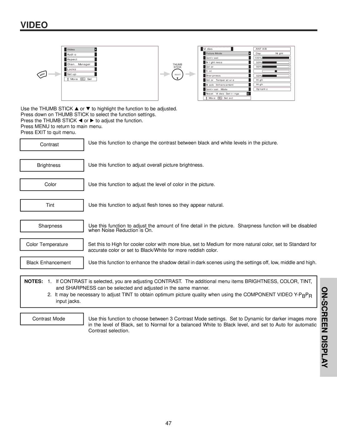 Hitachi 60v500, 50V500 important safety instructions Contrast, Video 