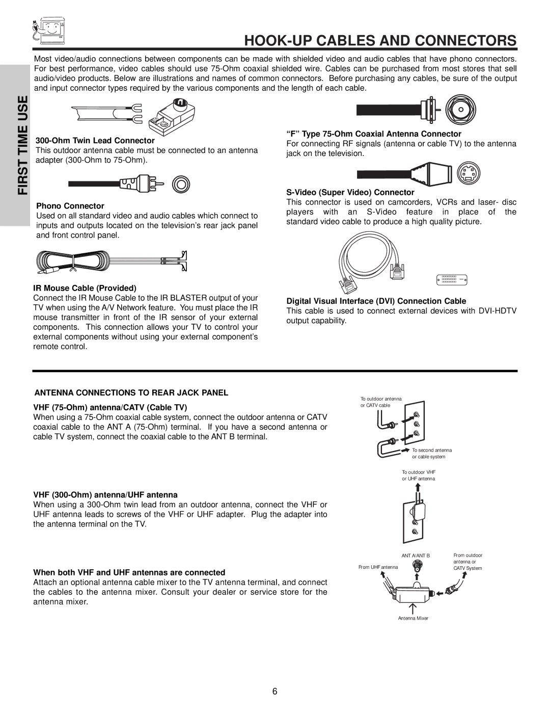 Hitachi 50V500, 60v500 important safety instructions HOOK-UP Cables and Connectors, Antenna Connections to Rear Jack Panel 