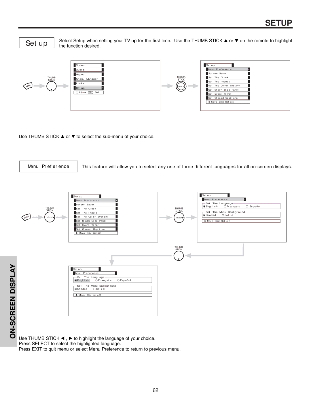 Hitachi 50V500, 60v500 important safety instructions Setup, Menu Preference 