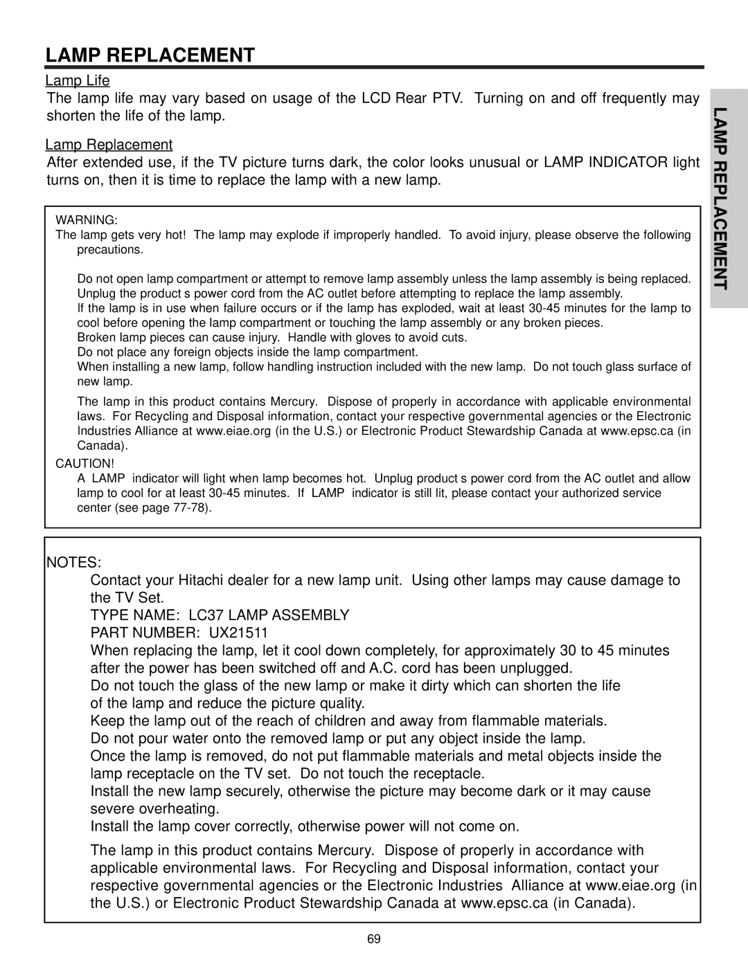 Hitachi 60v500, 50V500 important safety instructions Lamp Replacement 