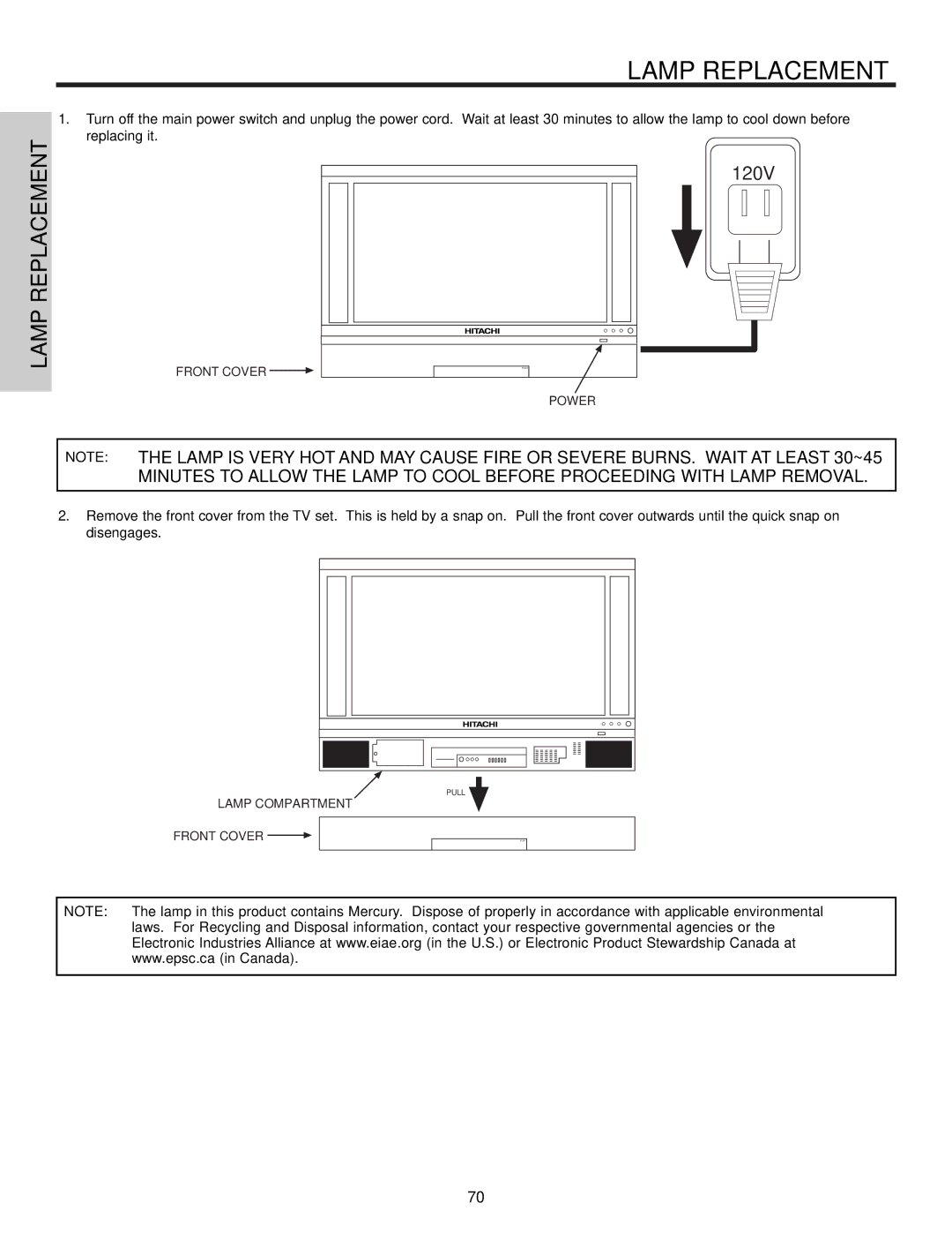 Hitachi 50V500, 60v500 important safety instructions 120V 