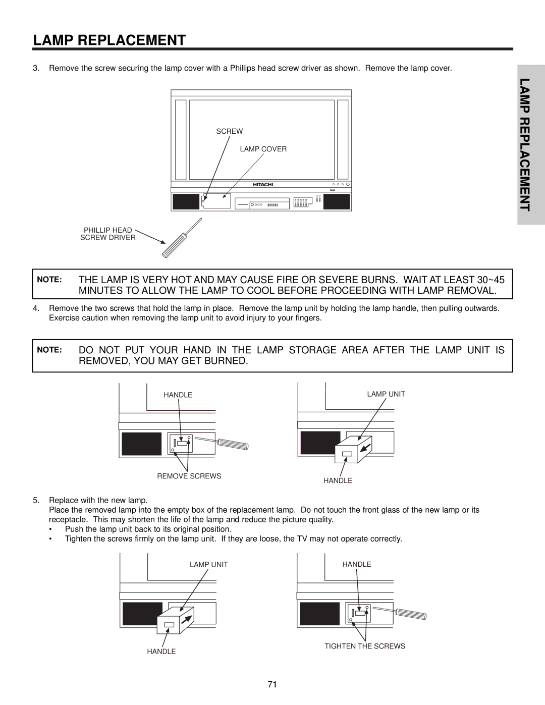 Hitachi 60v500, 50V500 important safety instructions Screw 