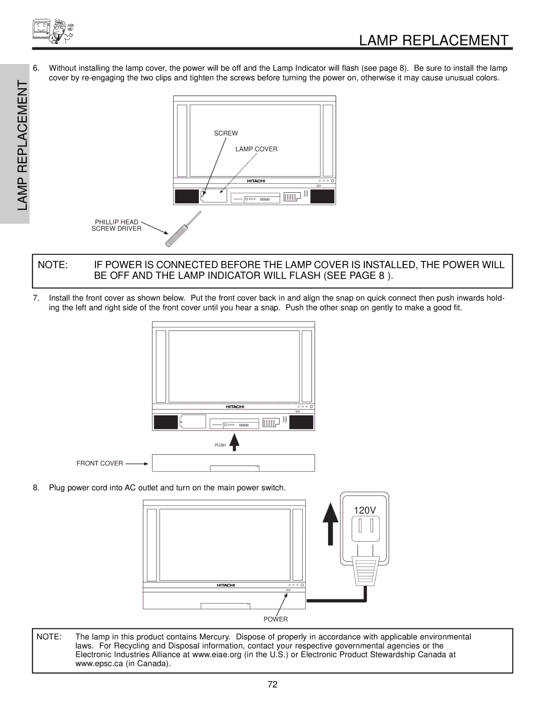 Hitachi 50V500, 60v500 important safety instructions 120V 