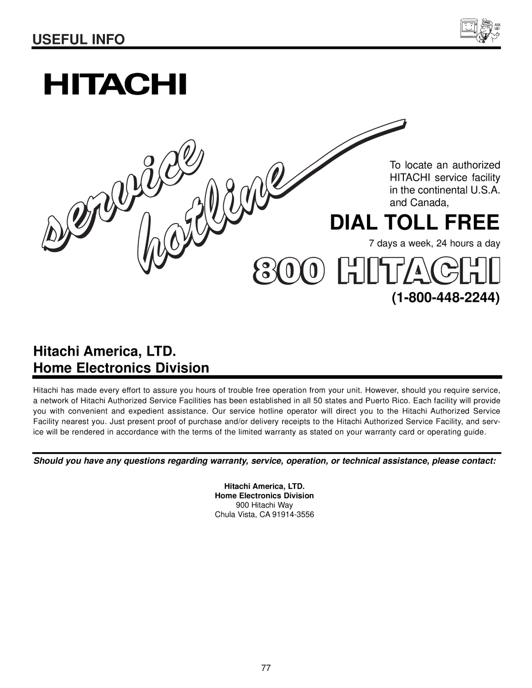 Hitachi 60v500, 50V500 important safety instructions Dial Toll Free, Home Electronics Division 