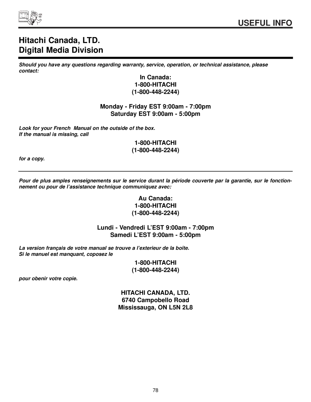 Hitachi 50V500, 60v500 important safety instructions Digital Media Division 