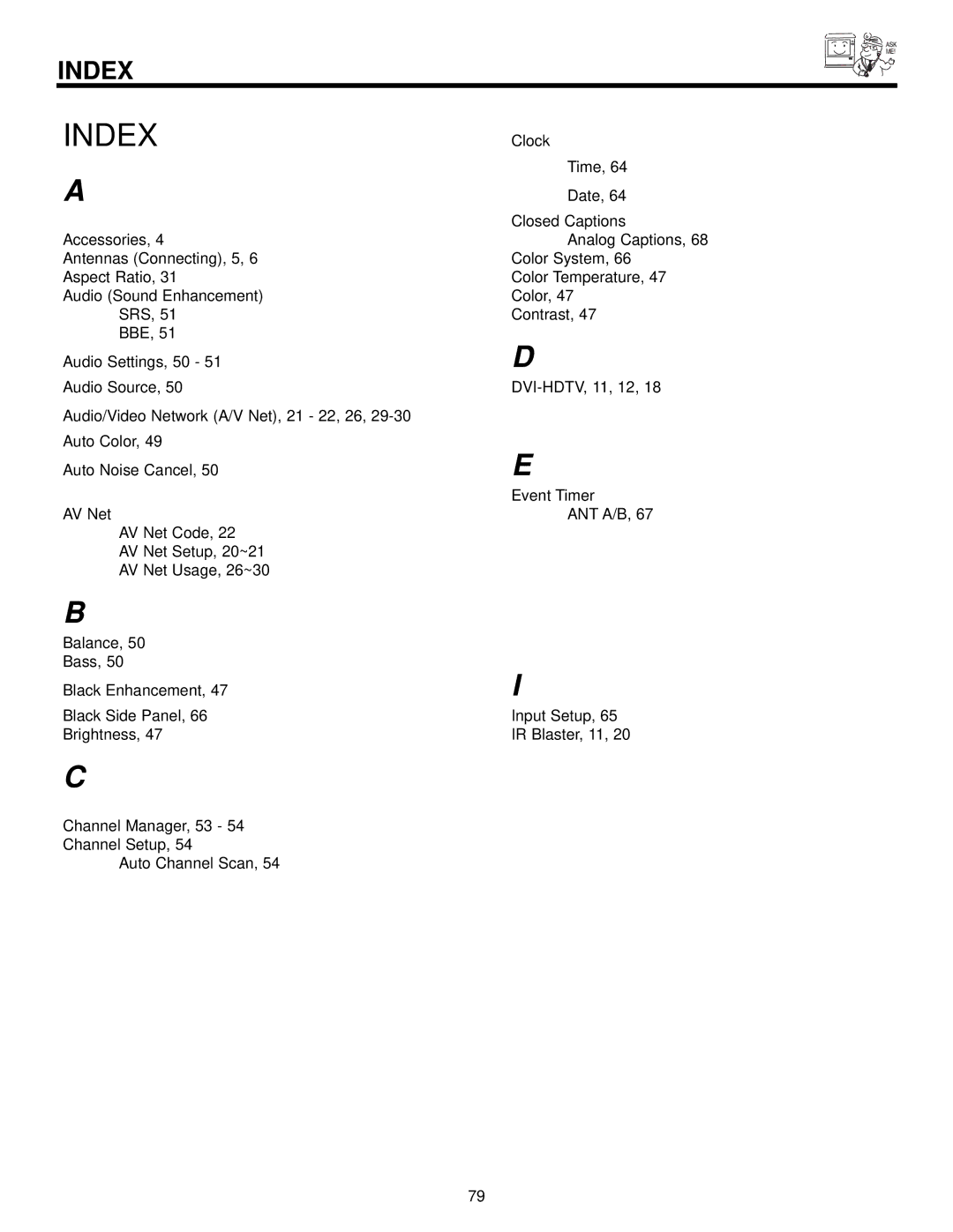 Hitachi 60v500, 50V500 important safety instructions Index 