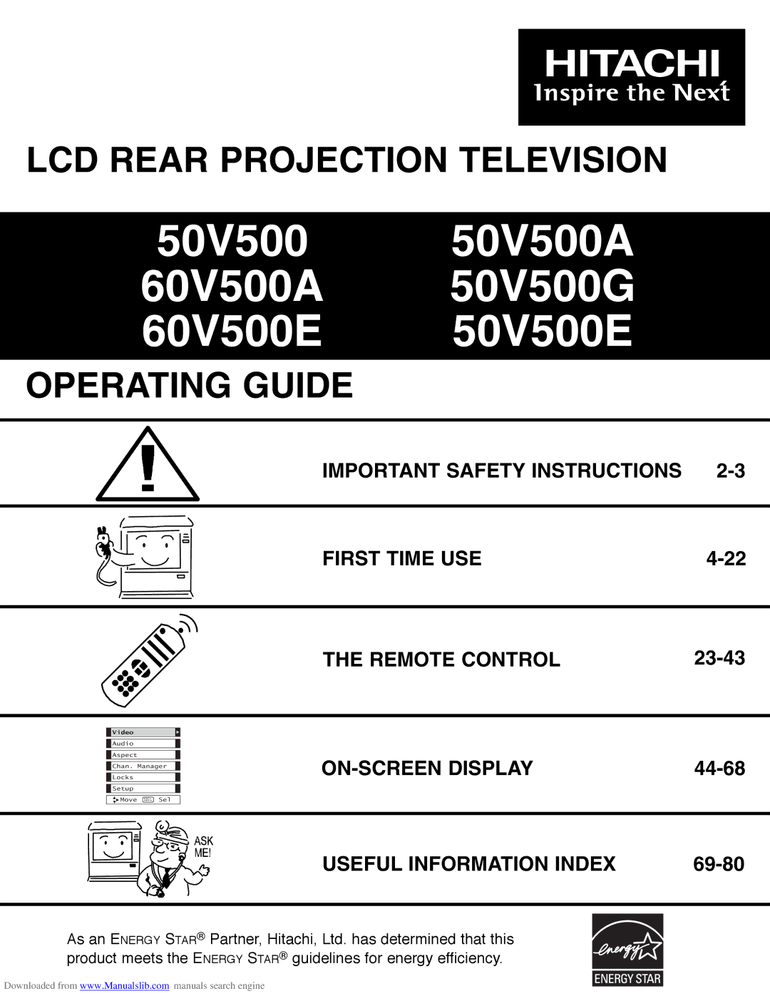 Hitachi 50V500E, 50V500G, 50V500A important safety instructions Important Safety Instructions First Time USE Remote Control 