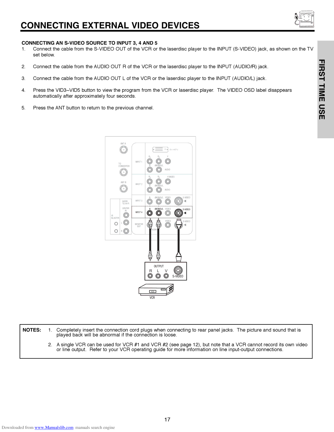 Hitachi 50V500A, 50V500G, 50V500E, 60V500E, 60V500A important safety instructions Connecting AN S-VIDEO Source to Input 3, 4 