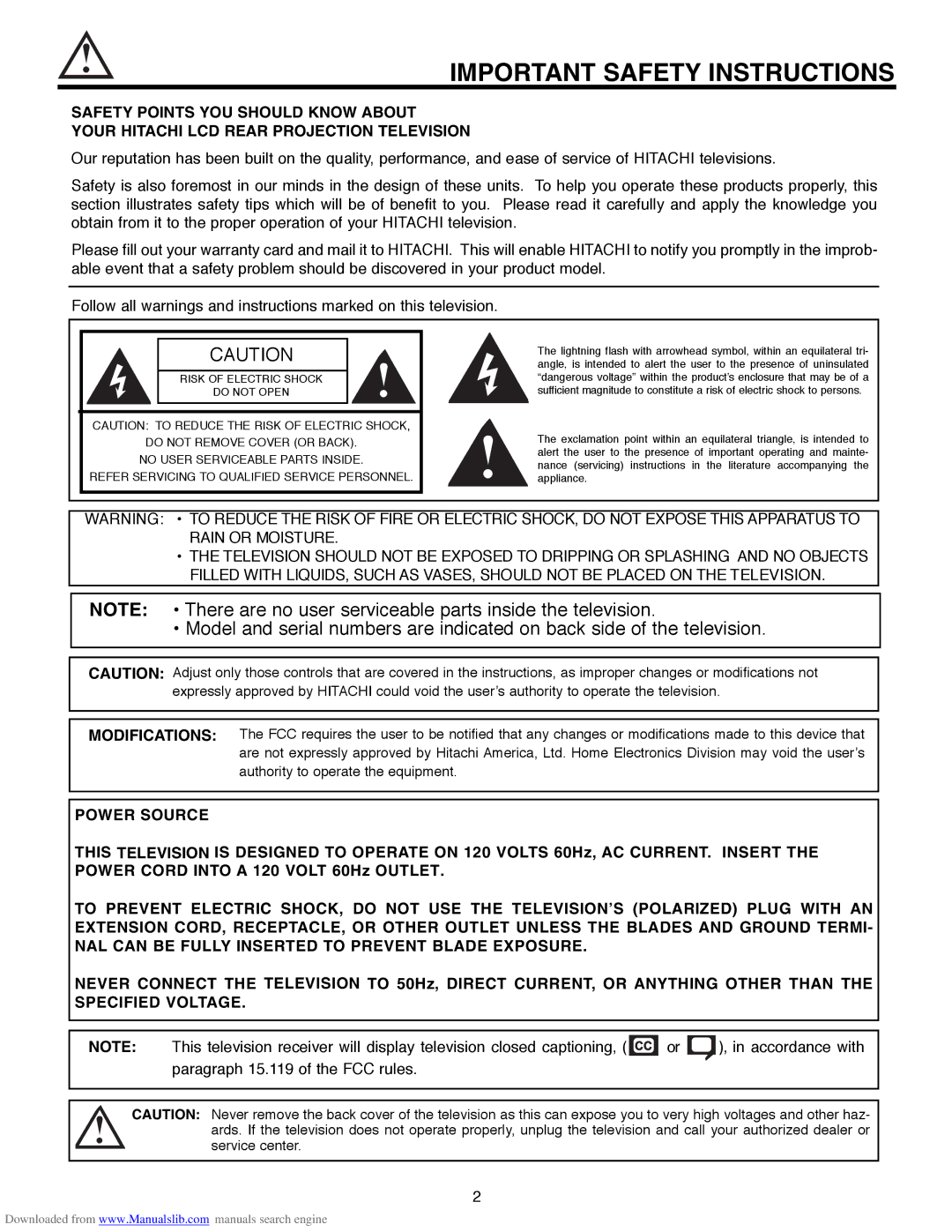 Hitachi 50V500A, 50V500G, 50V500E, 60V500E Important Safety Instructions, Refer Servicing to Qualified Service Personnel 