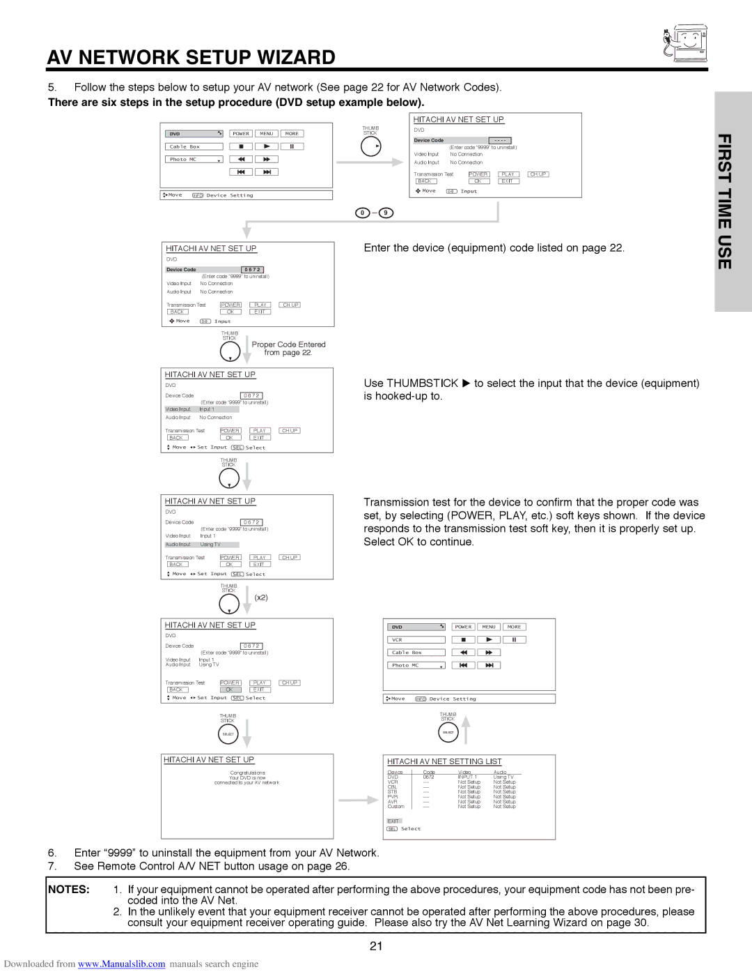 Hitachi 50V500E, 50V500G, 50V500A, 60V500E, 60V500A AV Network Setup Wizard, Hitachi AV NET SET UP 