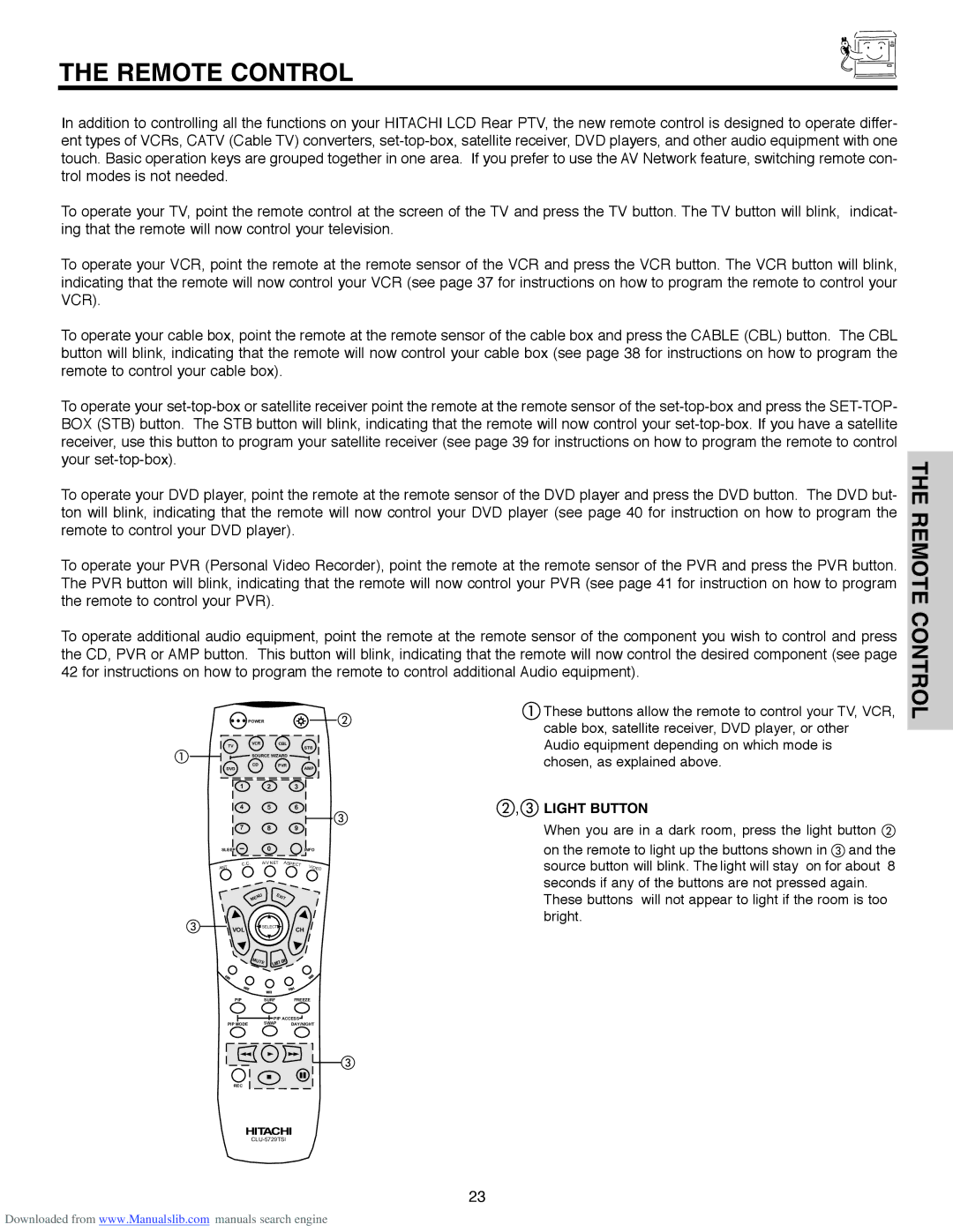 Hitachi 60V500E, 50V500G, 50V500E, 50V500A, 60V500A important safety instructions Remote Control, Light Button 