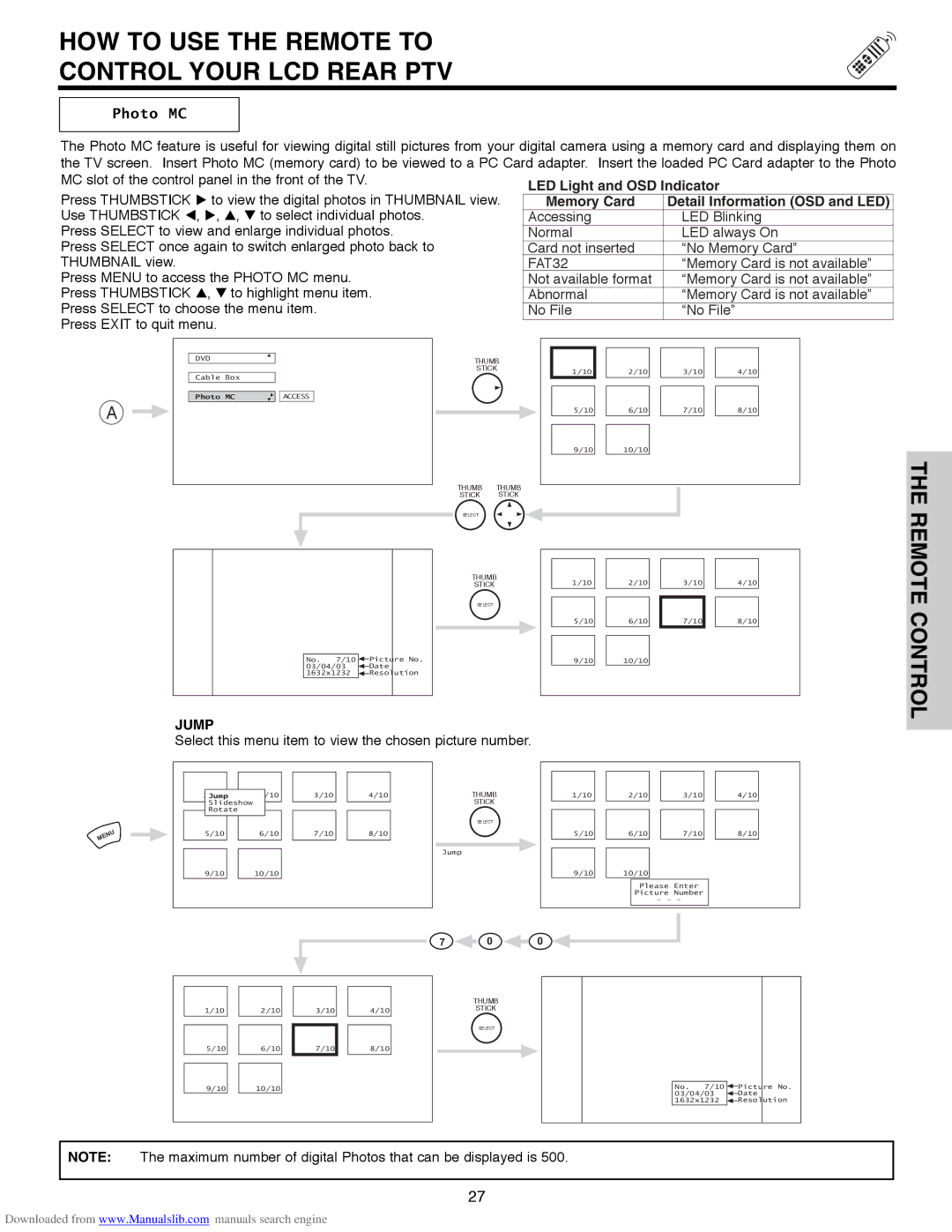 Hitachi 50V500A, 50V500G, 50V500E Photo MC, LED Light and OSD Indicator, Memory Card Detail Information OSD and LED, Jump 