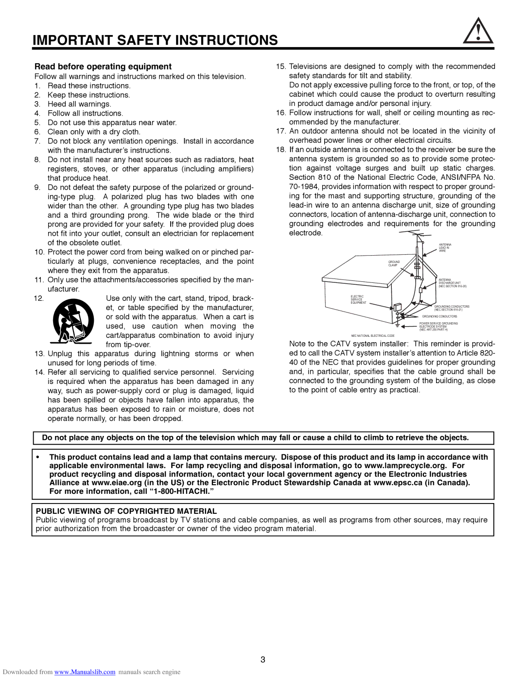 Hitachi 60V500E, 50V500G, 50V500E, 50V500A, 60V500A Read before operating equipment, Public Viewing of Copyrighted Material 