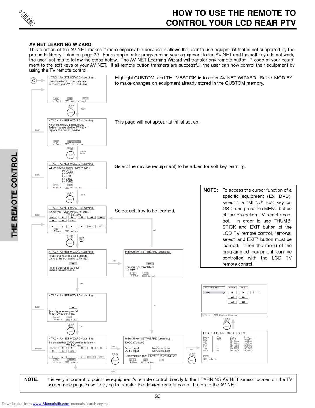 Hitachi 50V500G, 50V500E, 50V500A, 60V500E, 60V500A important safety instructions Remote, AV NET Learning Wizard 