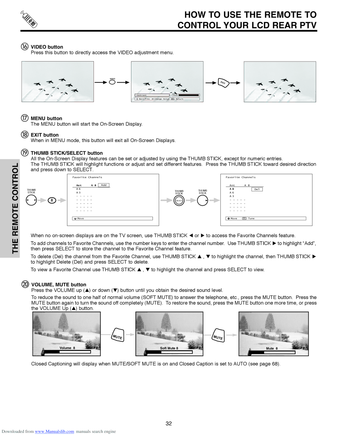 Hitachi 50V500A, 50V500G, 50V500E Video button, Menu button, Exit button, Thumb STICK/SELECT button, VOLUME, Mute button 