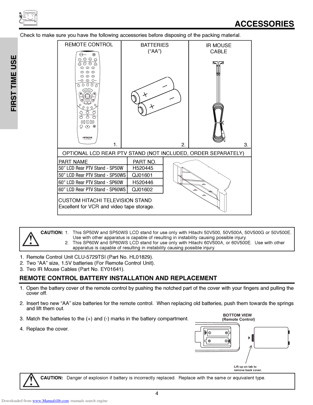 Hitachi 60V500A, 50V500G, 50V500E, 50V500A, 60V500E important safety instructions Accessories, First Time USE 