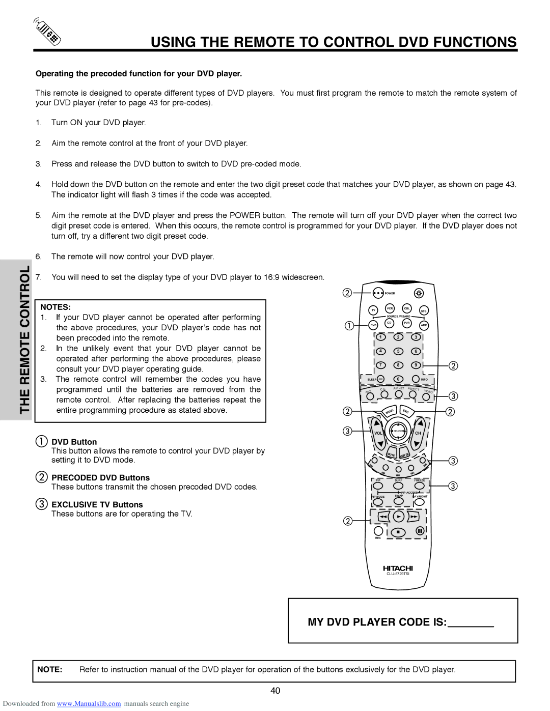 Hitachi 50V500G, 50V500E Using the Remote to Control DVD Functions, Operating the precoded function for your DVD player 