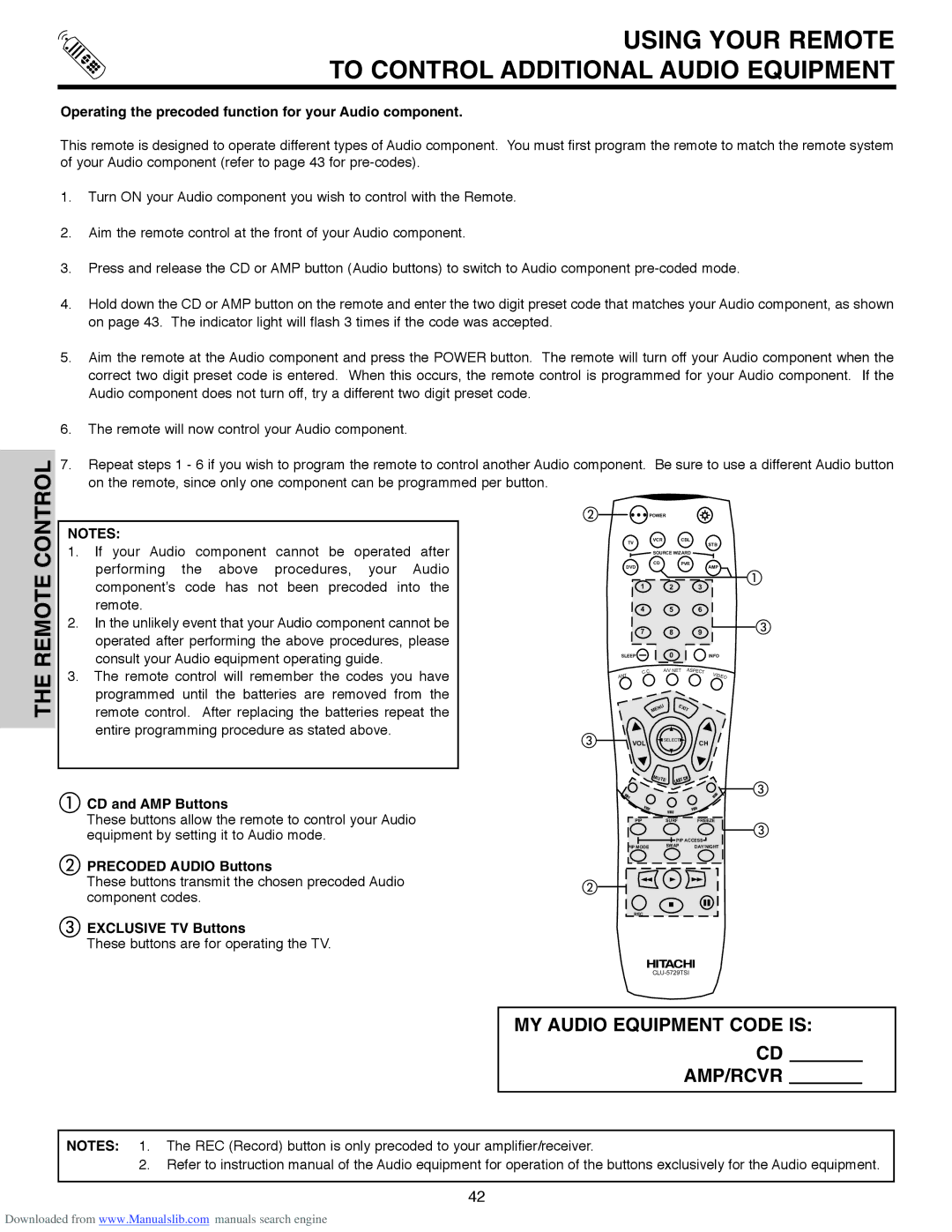 Hitachi 50V500A, 50V500G, 50V500E, 60V500E Using Your Remote To Control Additional Audio Equipment, Precoded Audio Buttons 