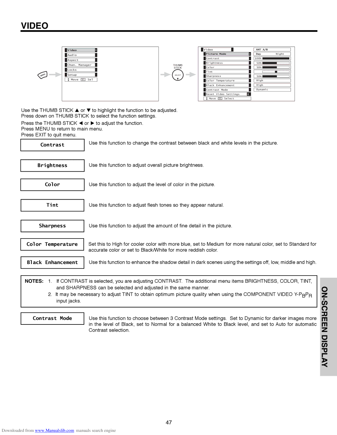 Hitachi 50V500A, 50V500G, 50V500E, 60V500E, 60V500A important safety instructions Contrast, Video 