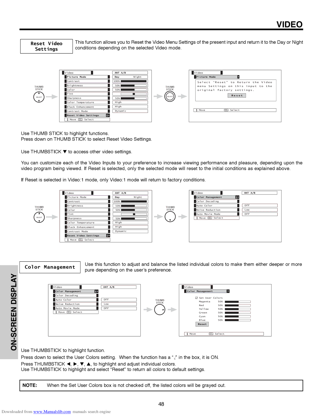 Hitachi 60V500E, 50V500G, 50V500E, 50V500A Reset Video Settings, Color Management, Pure depending on the user’s preference 