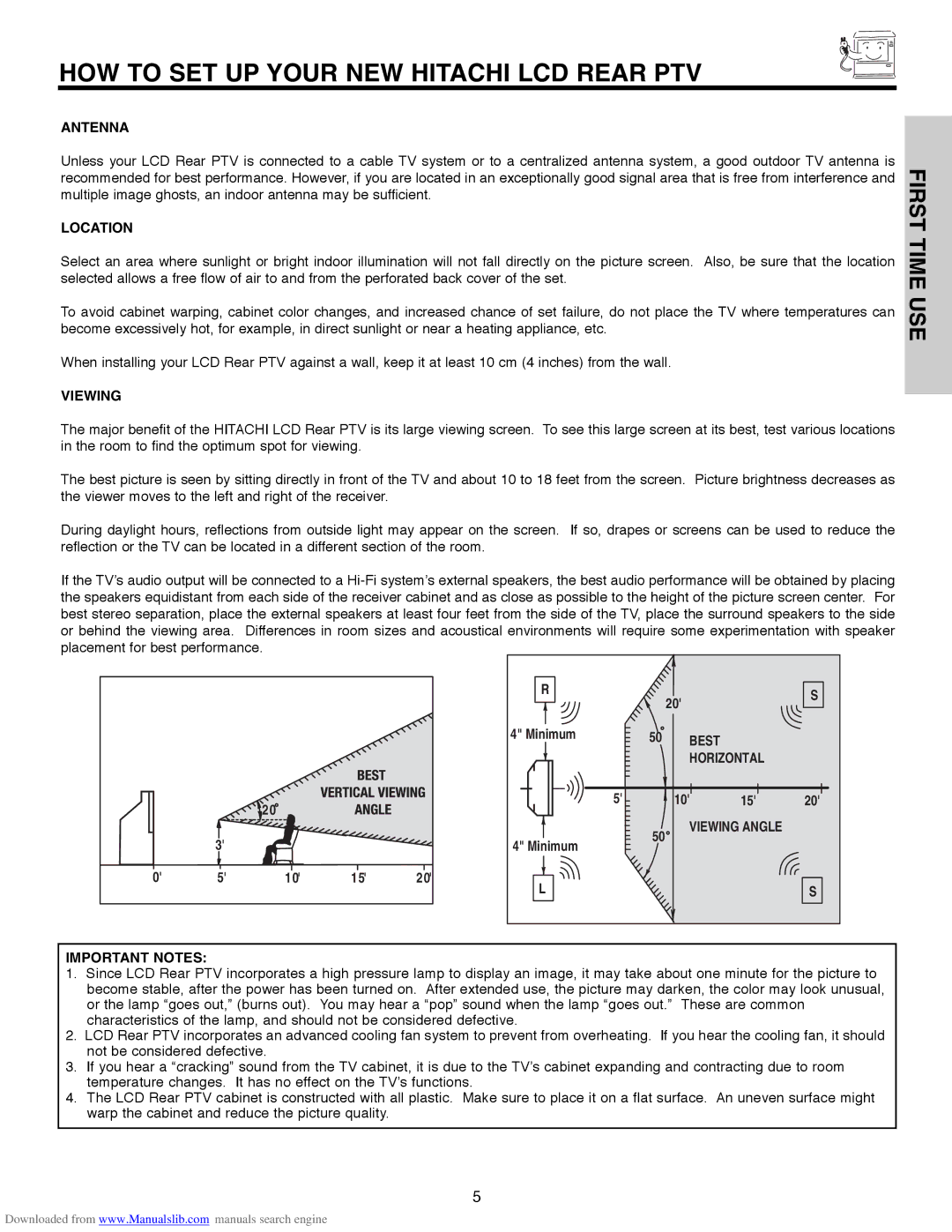 Hitachi 50V500G, 50V500E, 50V500A, 60V500E, 60V500A important safety instructions HOW to SET UP Your NEW Hitachi LCD Rear PTV 